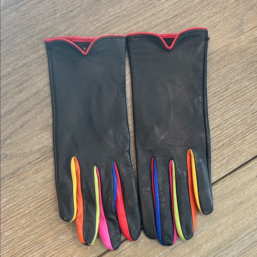 Authentic hand made in Italy Black Leather Gloves with Multicolor Accents